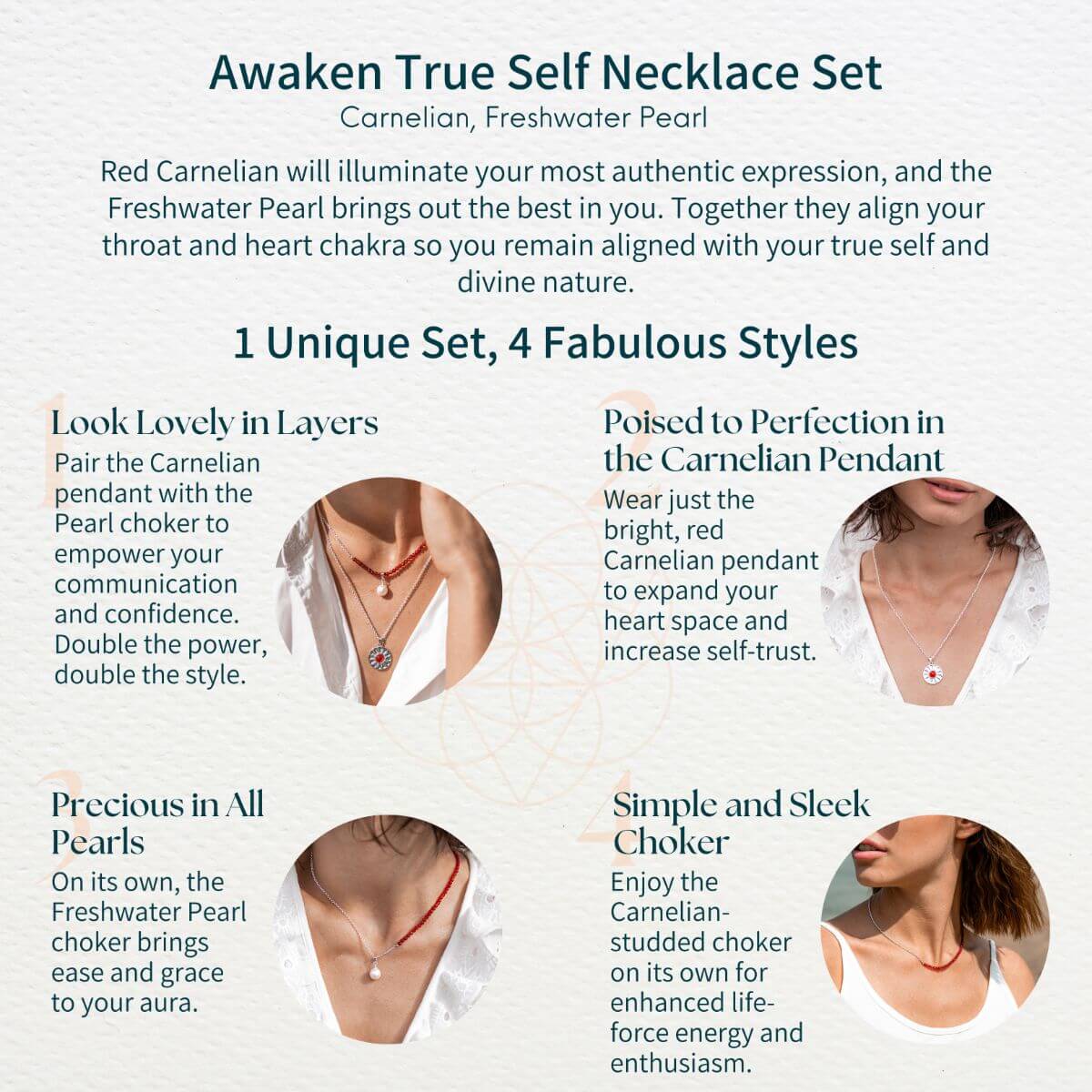Advertisement for 'Awaken True Self' necklace set with product features and usage examples.
