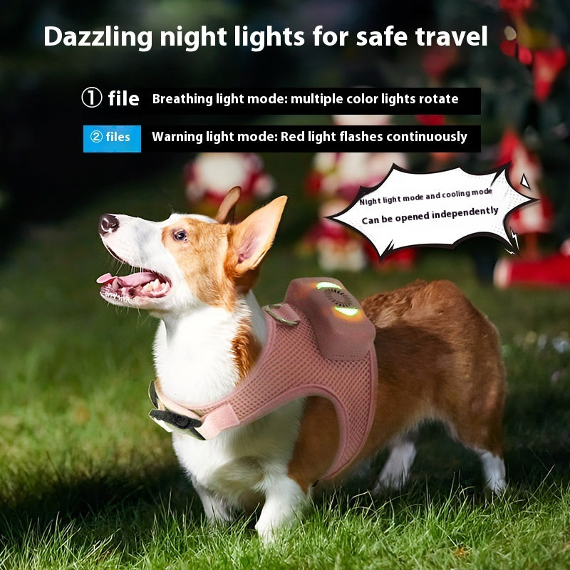 Corgi wearing a pink breathable cooling dog harness with built-in night safety light, adjustable chest straps, rotating multicolor breathing light and flashing red warning light for safer nighttime walks and travel. Comfortable pet harness leash.