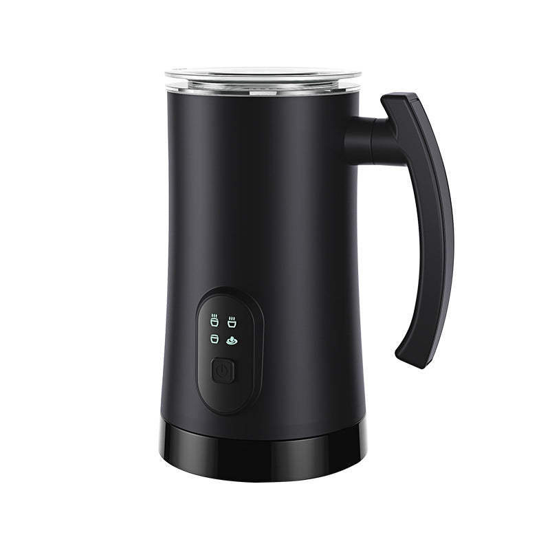 Black automatic hot and cold electric milk frother machine with ergonomic handle, digital controls, clear lid and stainless steel interior for creamy lattes, cappuccinos, hot milk and cold foam.