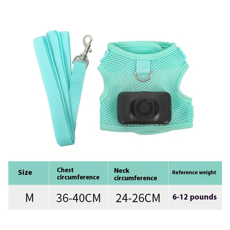Mint green breathable cooling dog harness and leash set with built-in pet air conditioner fan, D-ring and adjustable straps. Size M fits 36–40 cm chest, 24–26 cm neck and 6–12 lb dogs. Comfortable pet harness leash.