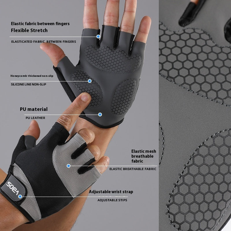 Black and gray glove with text highlighting features on a gray background