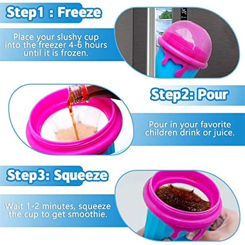 Freeze, squeeze, and enjoy! Step-by-step instructions showing how to use the reusable 500ml slushy maker cup: freeze the cup for 4–6 hours, pour in your favorite juice or drink, then squeeze the cup after 1–2 minutes to create a delicious homemade slushie or smoothie. Easy visual guide for quick DIY frozen treats.