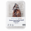 Bosung Seafood Premium Korean Style Stuffed Squid (Squid Sundae) 160g frozen whole Korean stuffed squid in clear tray with savory glass noodles, tofu and vegetable filling authentic Korean seafood delicacy on white background