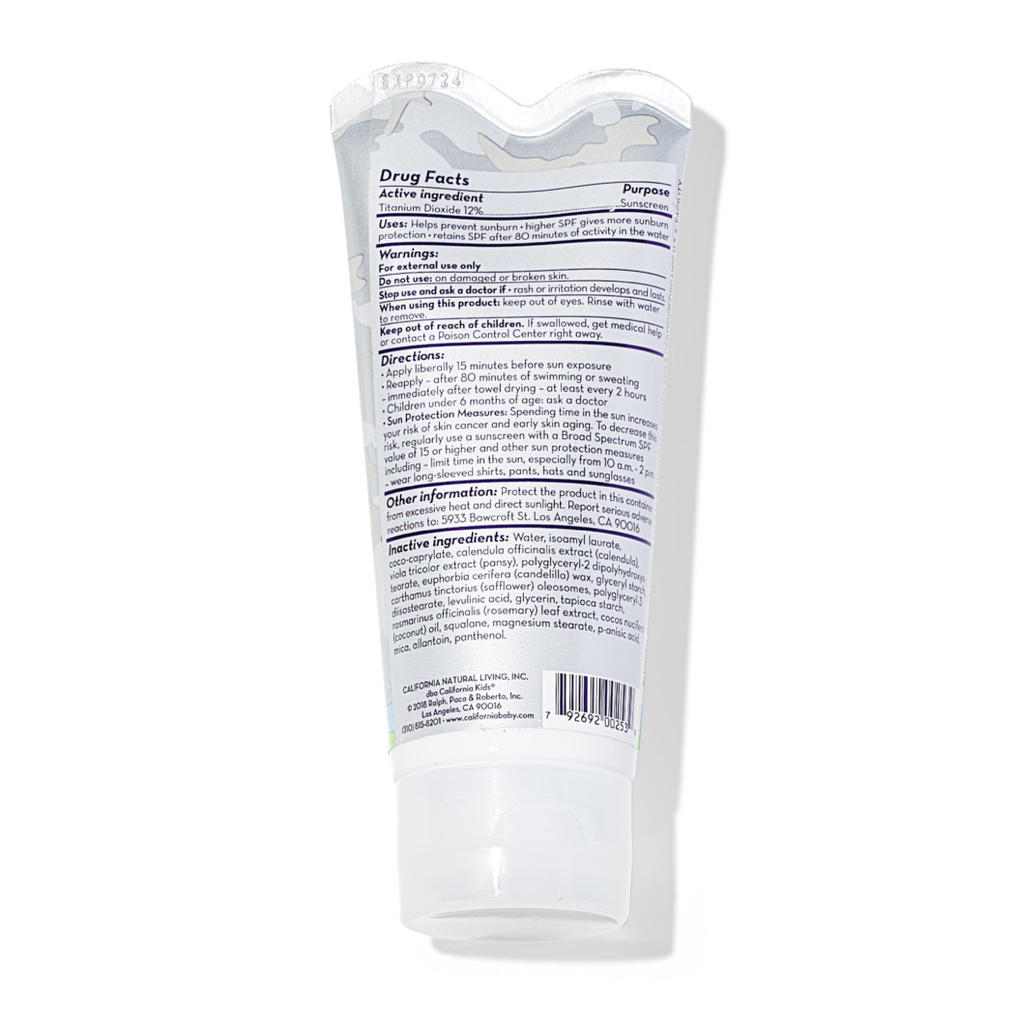 Back view of a clear plastic container with text and a label on a white background California Kids® #supersensitive™ Broad Spectrum SPF 30+ Sunscreen