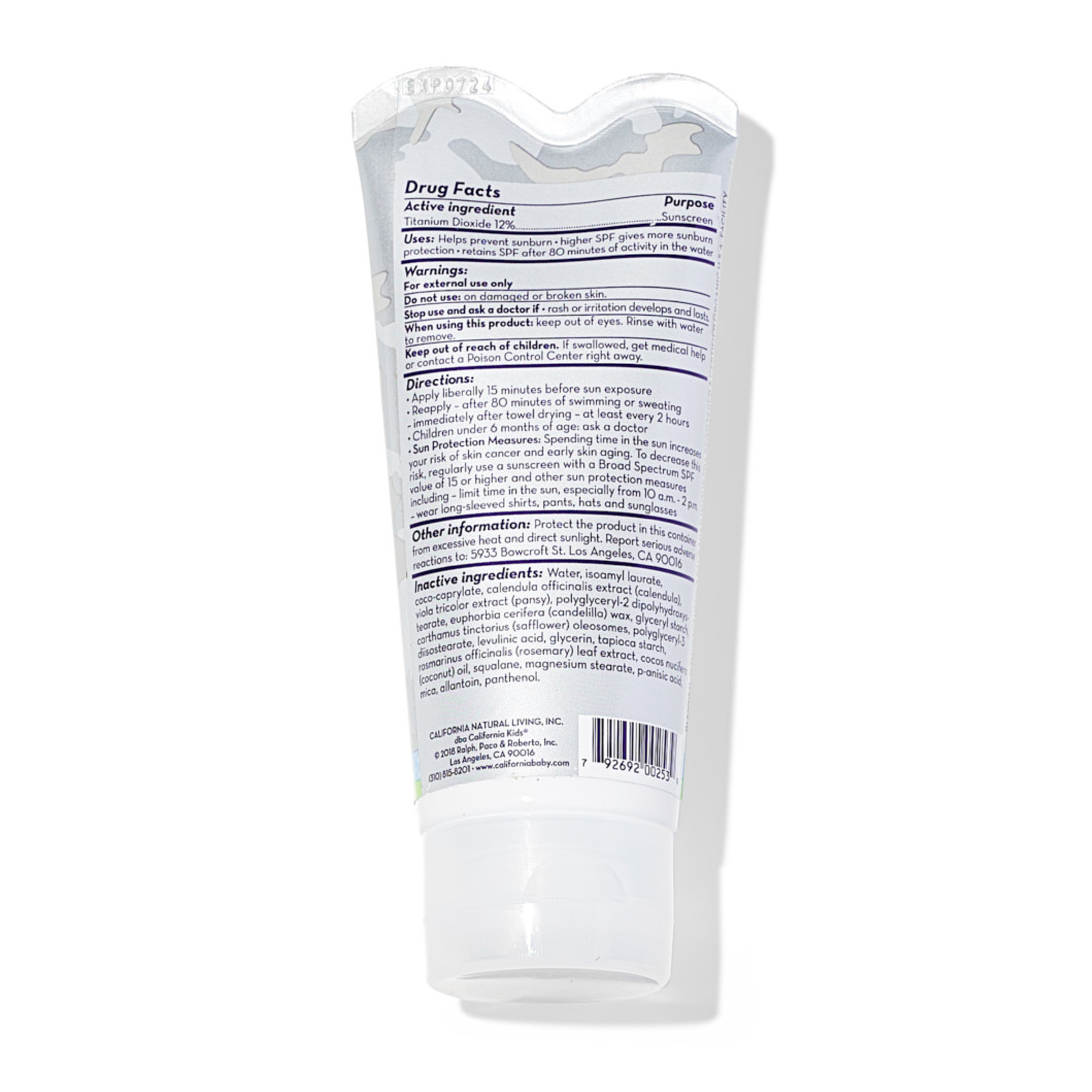 Back view of a clear plastic container with text and a label on a white background California Kids® #supersensitive™ Broad Spectrum SPF 30+ Sunscreen