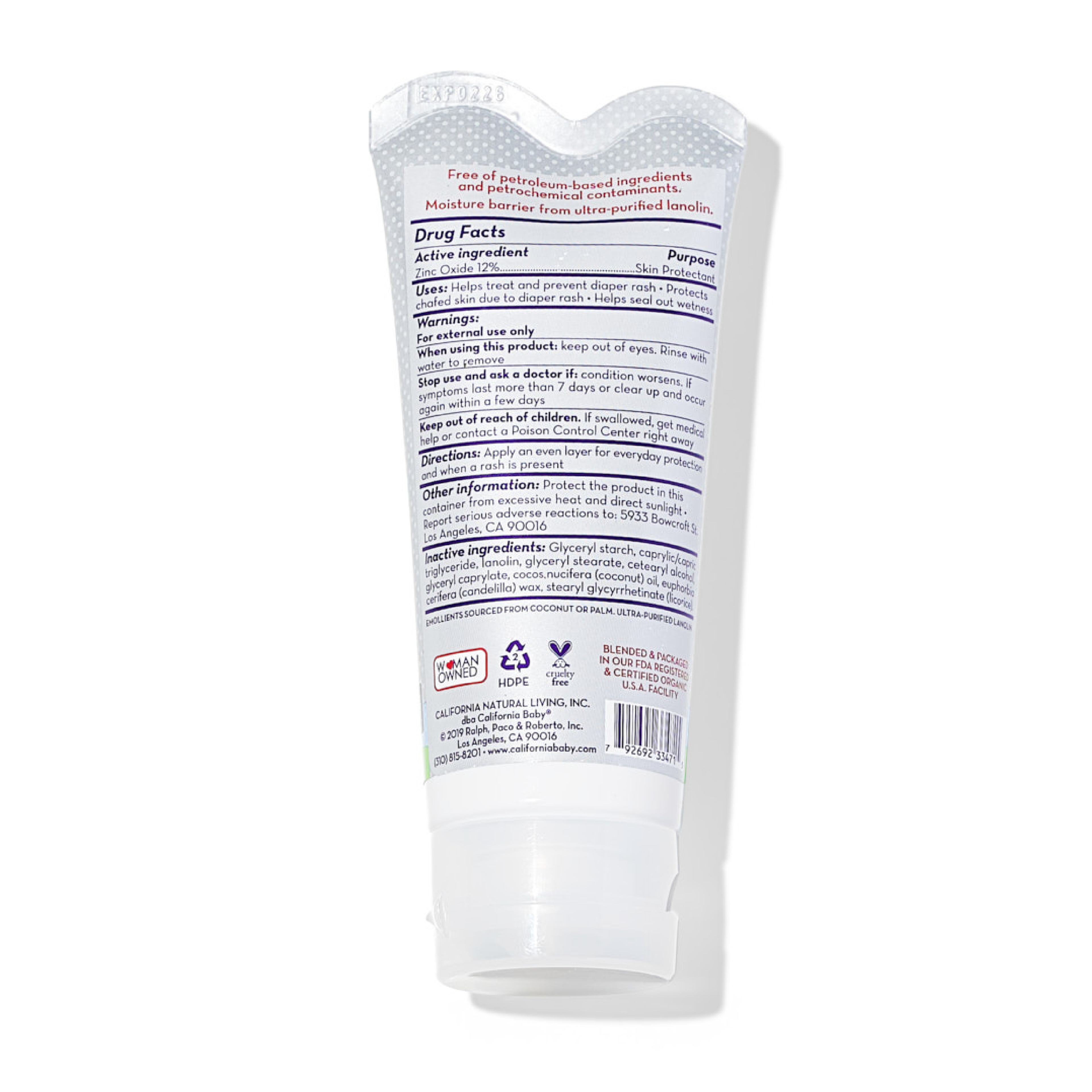Back label of a skincare product on a white background California Baby® (No Fragrance) Super Sensitive™ Diaper Rash Ointment