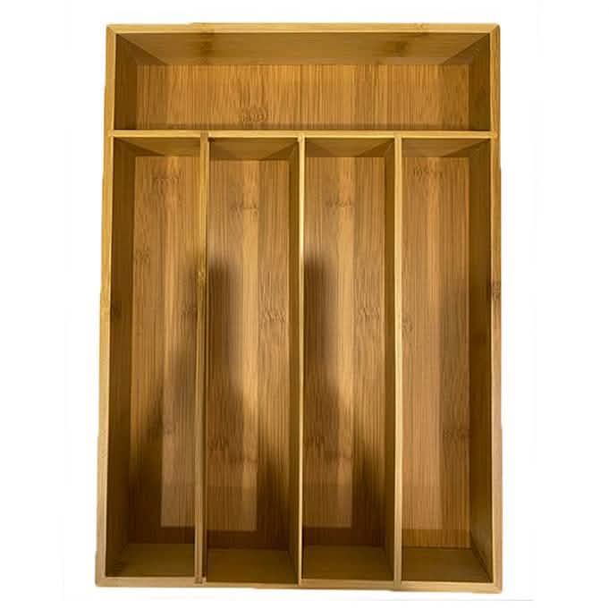 Wooden drawer organizer with compartments on a white background Bamboo Kitchen Drawer Organizer