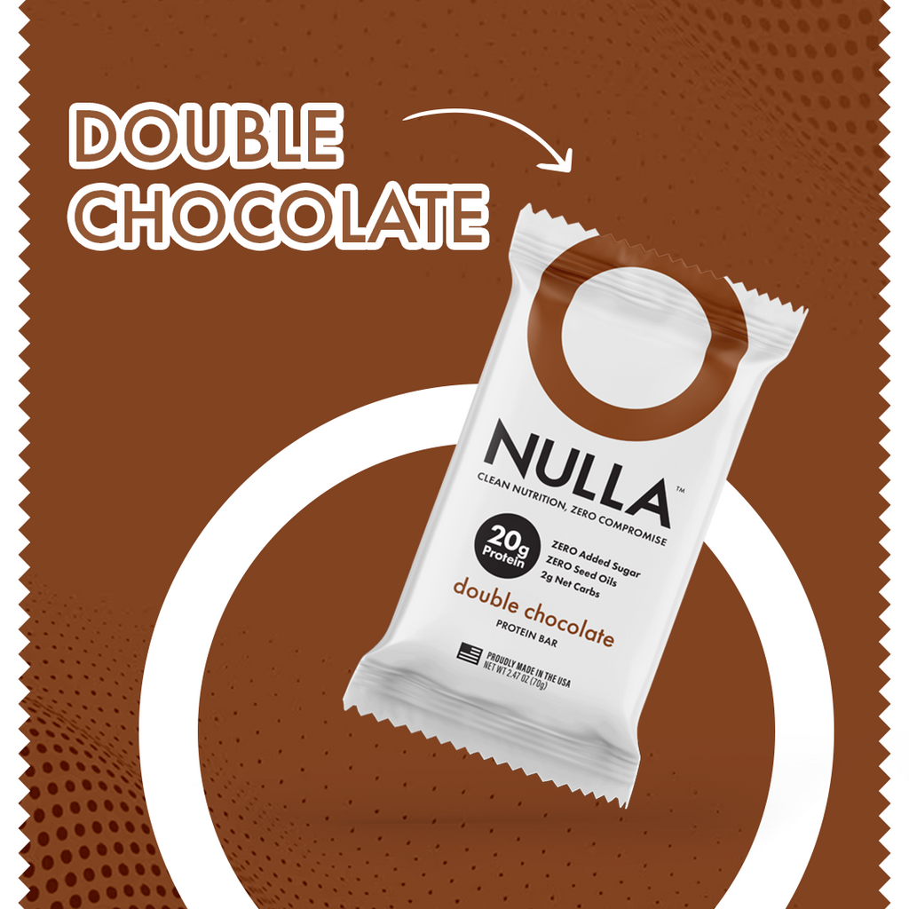 NULLA double chocolate protein bar packaging on a brown background