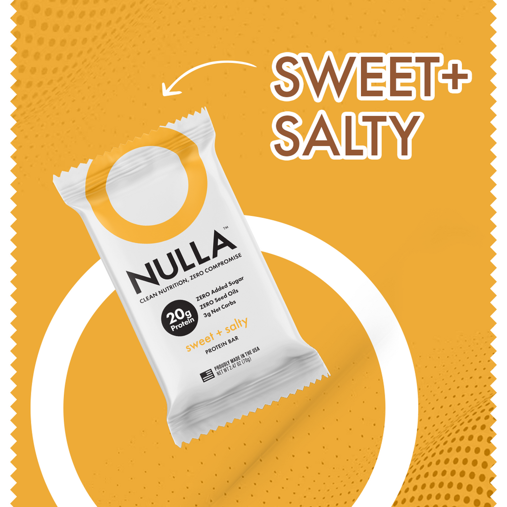 NULLA protein bar packaging on a yellow background with 'Sweet + Salty' text.