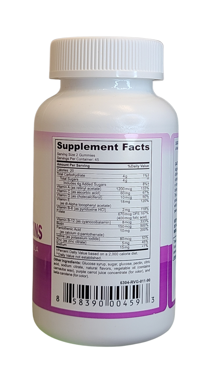 Bariatric gummy multivitamin supplement facts panel showing vitamins, minerals, serving size, ingredients, and nutrition information on the back of the bottle. Weight Loss Specific Gummy MultiVitamin - Mineral Formula