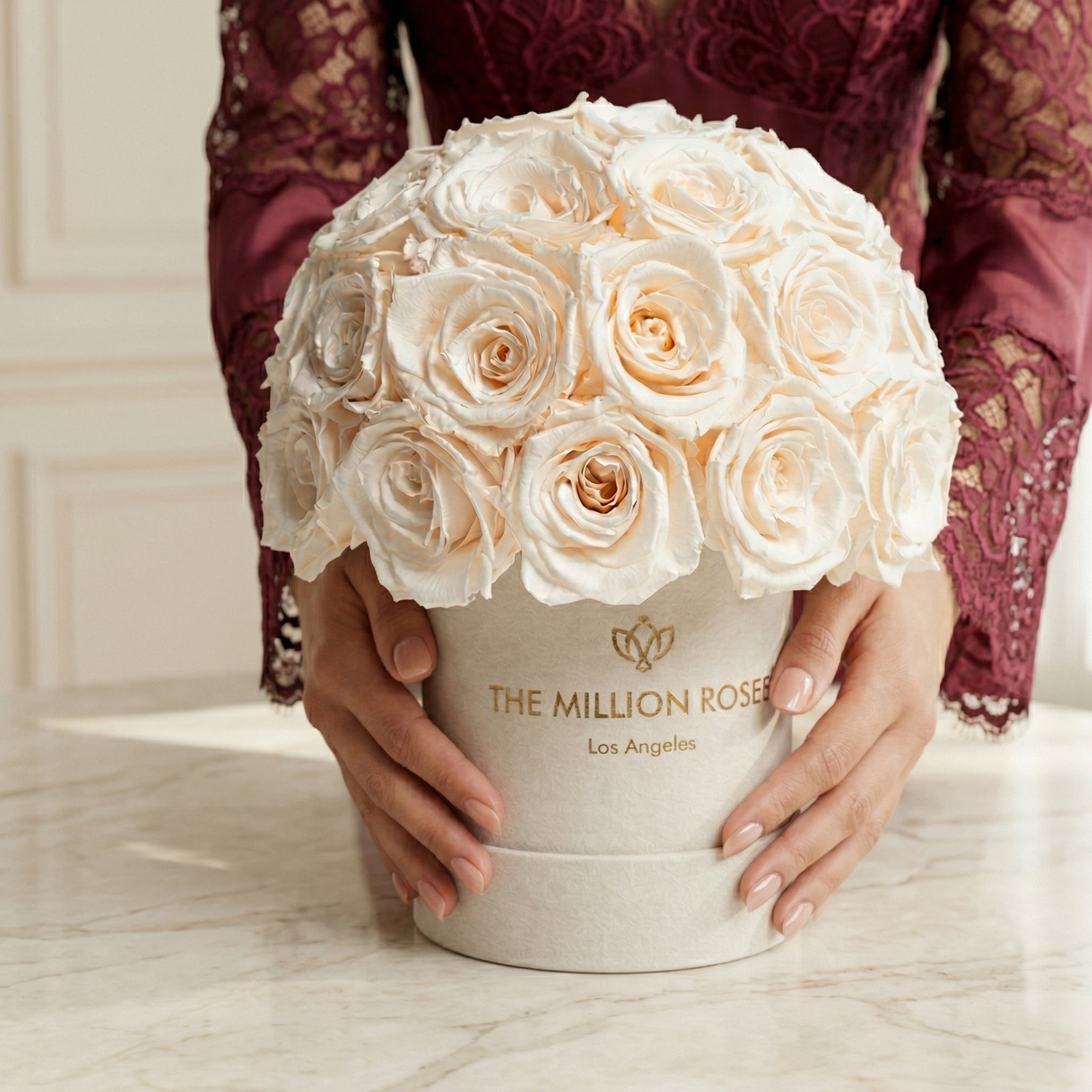 Essence Beige Suede Superdome Box | White Roses