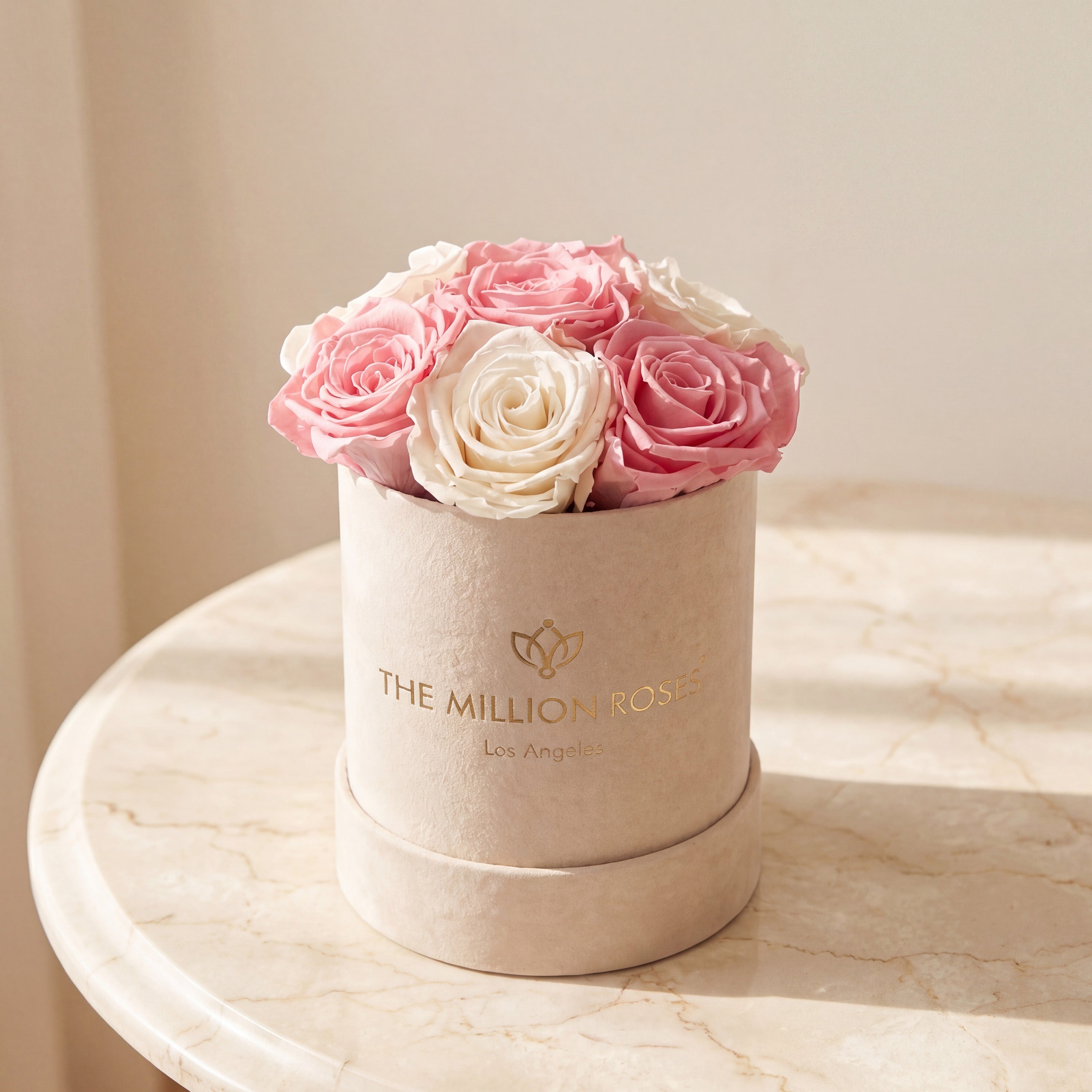 Essence Beige Suede Box | Light Pink & White Roses