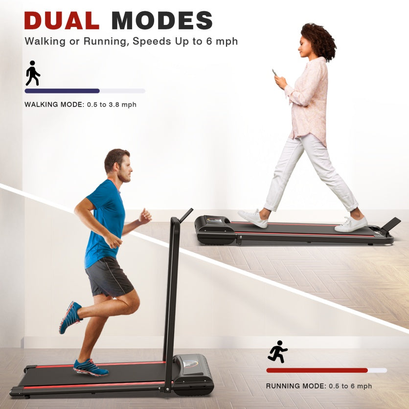 A dual-mode treadmill shown in a split lifestyle infographic, featuring a man running in blue athletic wear on the left and a woman walking in a pink top and white pants on the right. The top text reads 'DUAL MODES Walking or Running, Speeds Up to 6 mph' with speed range indicators.