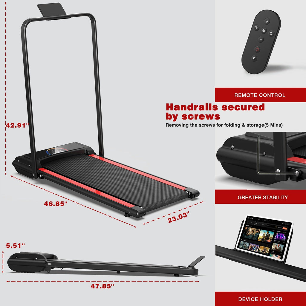 Portable treadmill with remote control, device holder, and dimensions on a gray background