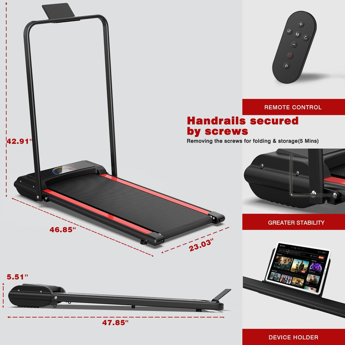 Portable treadmill with remote control, device holder, and dimensions on a gray background