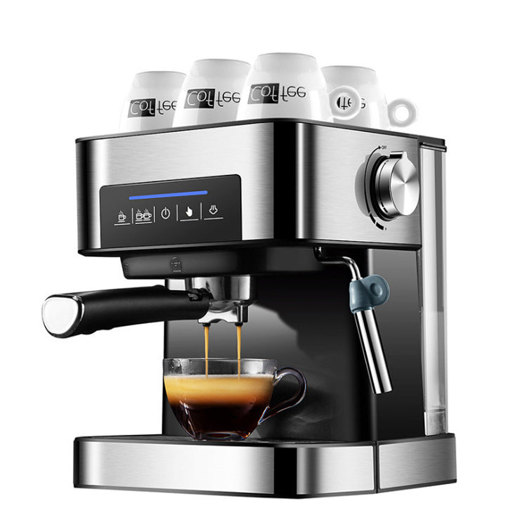 Modern stainless steel smart home espresso machine with touch controls, steam milk frother, removable water tank, espresso shot pouring into a glass cup, and ceramic cups warming on top.