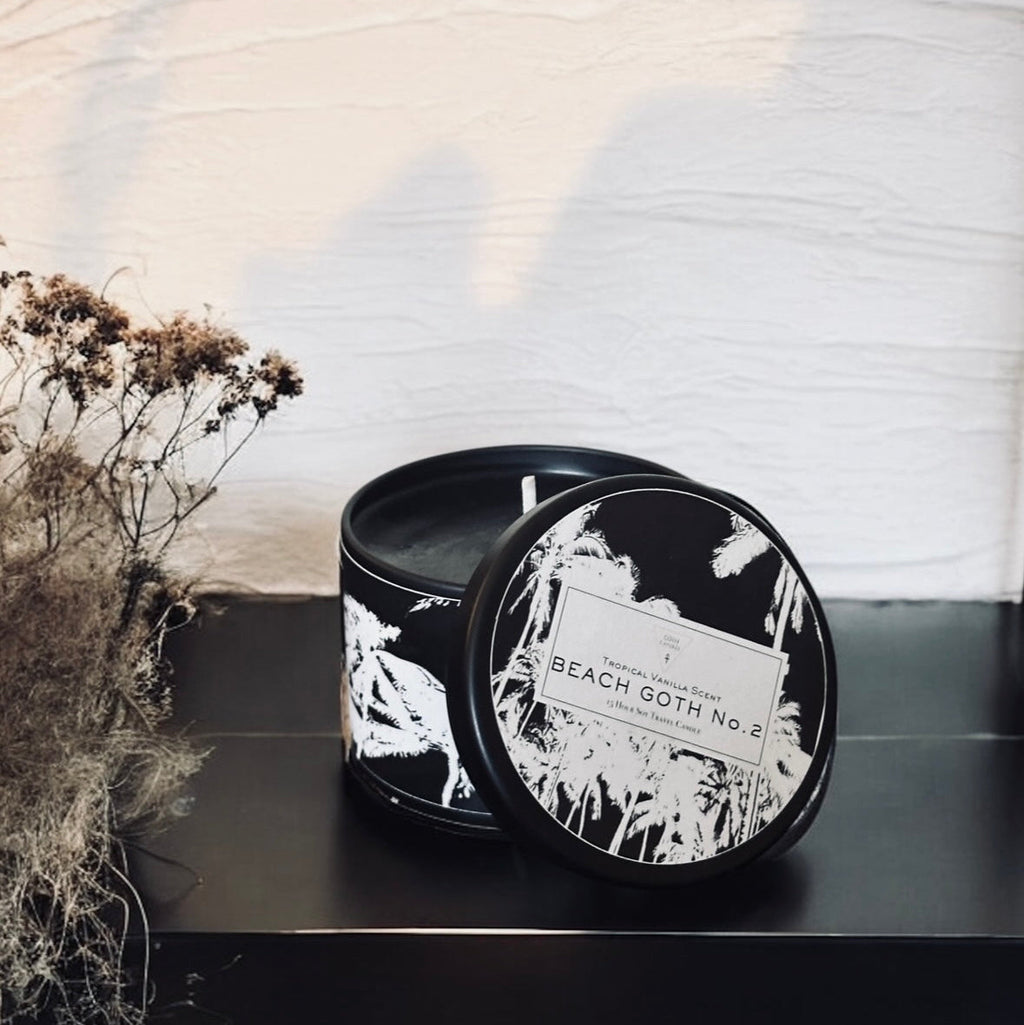 Tropical Vanilla Travel Soy Candle – Beach Goth #2 – Goth Candles 4oz Tin