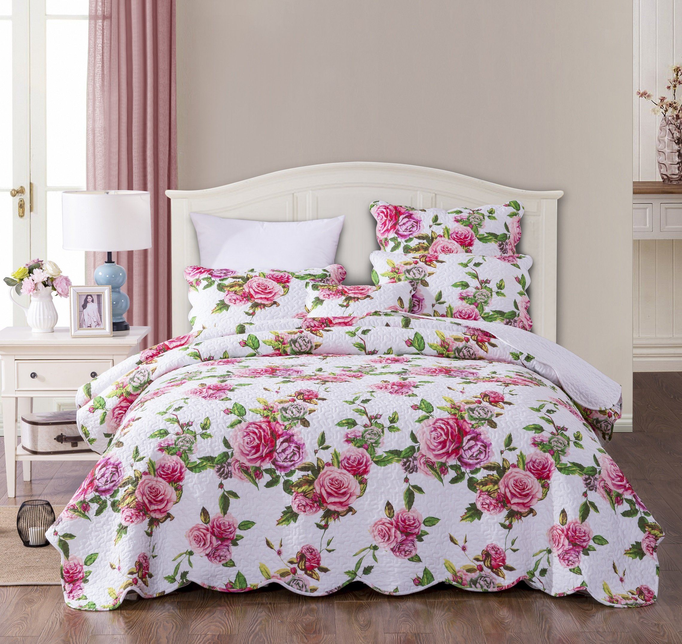 DaDa Bedding Pink Romantic Roses Floral Quilt Set