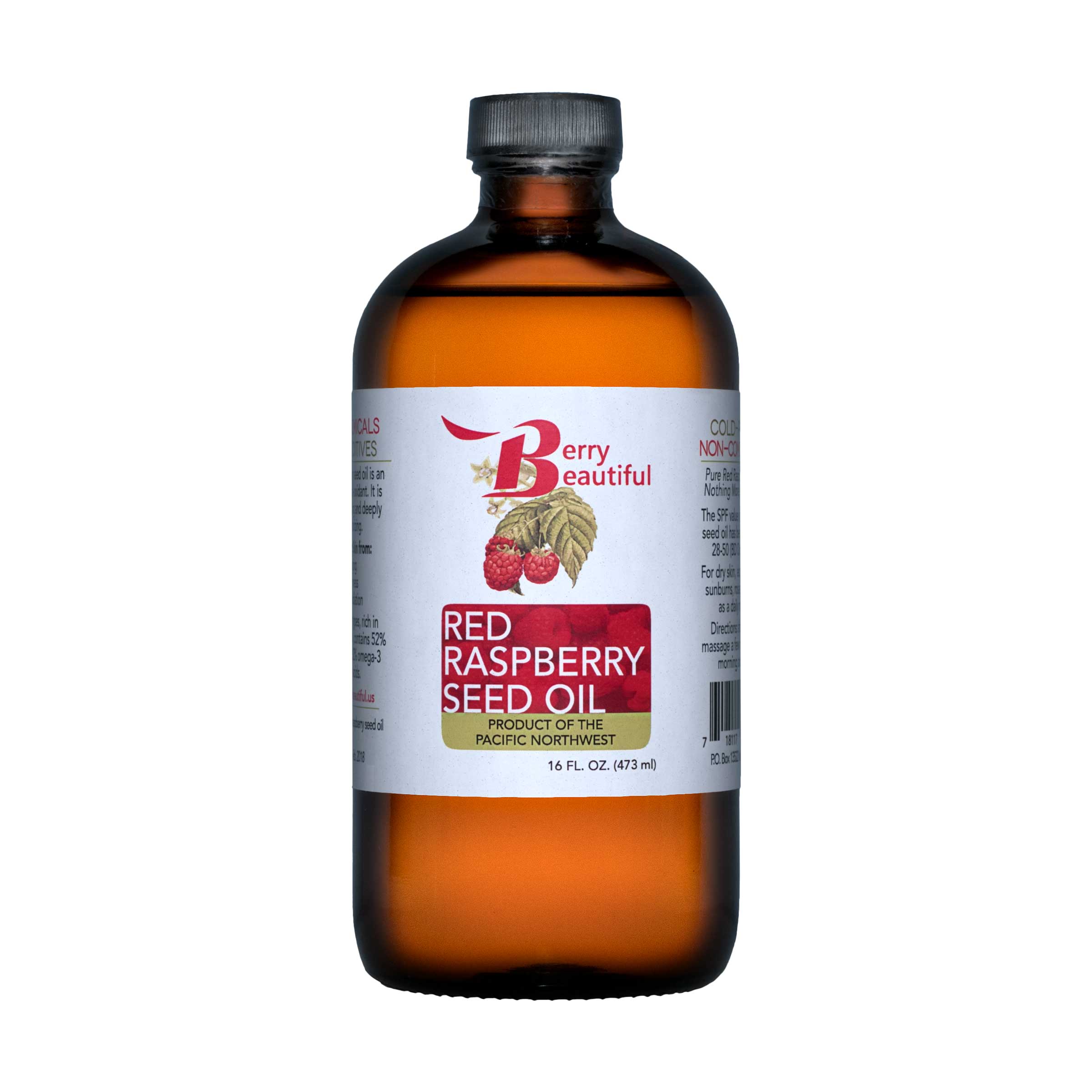 Bottle of Red Raspberry Seed Oil with a visible label on a white background