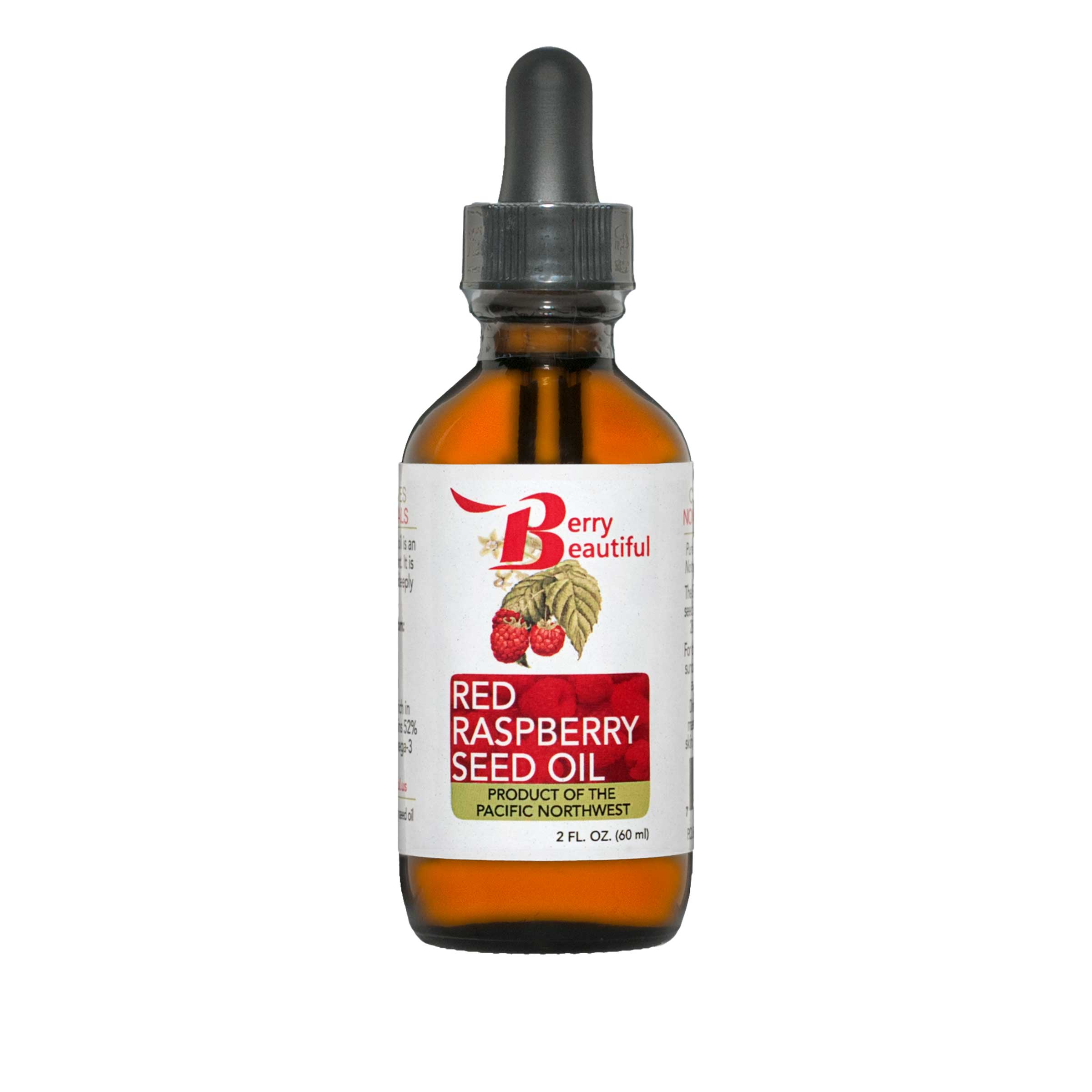 Bottle of Red Raspberry Seed Oil with a dropper on a white background