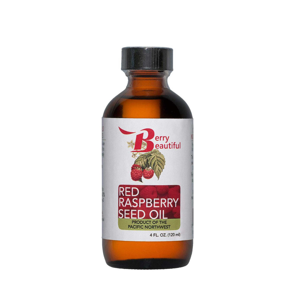 Bottle of Red Raspberry Seed Oil with a label on a white background