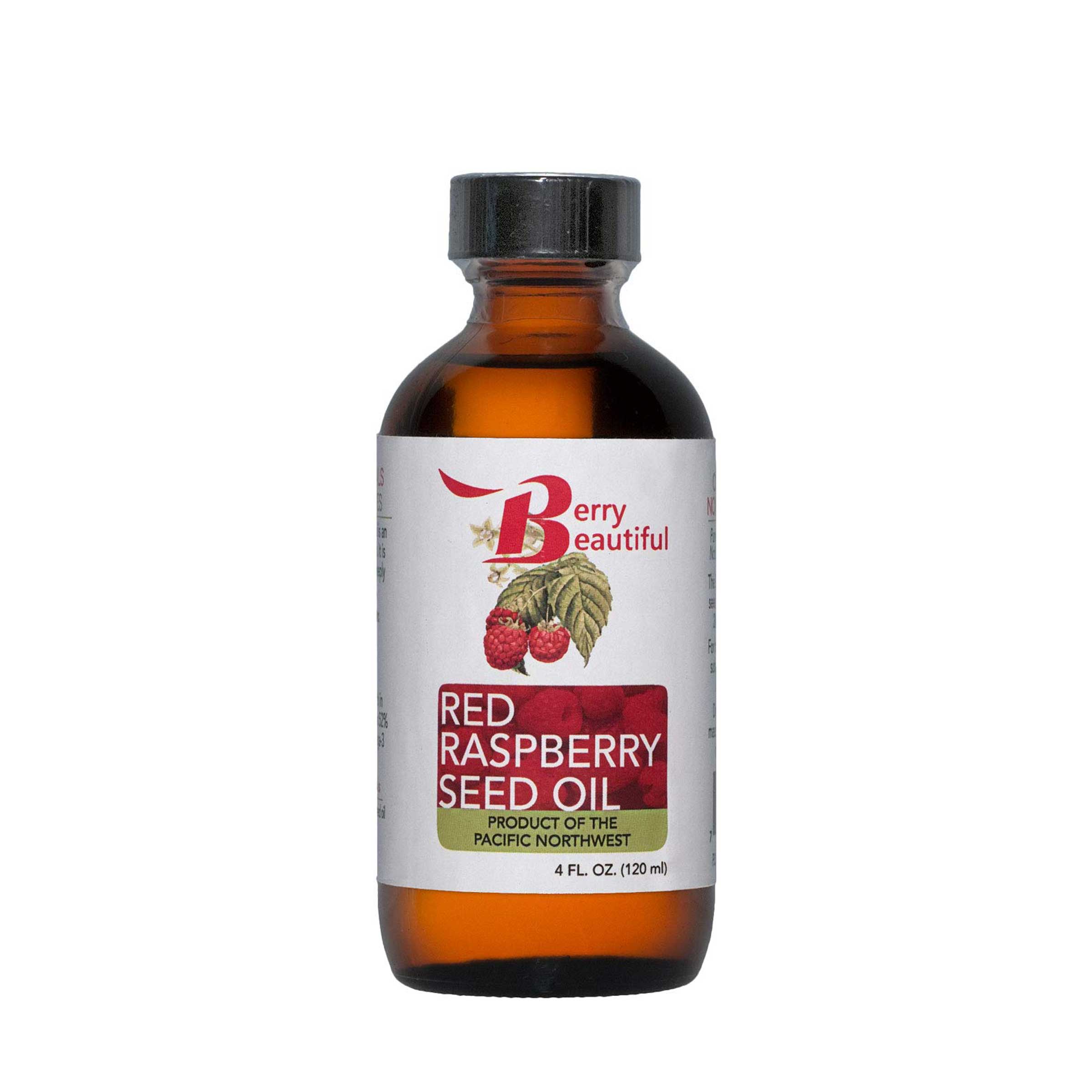 Bottle of Red Raspberry Seed Oil with a label on a white background