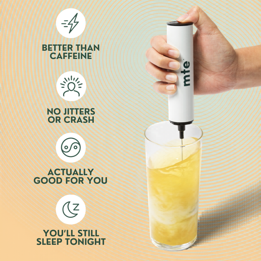Hand holding a white device labeled 'mte' over a glass of yellow liquid with text about its benefits.