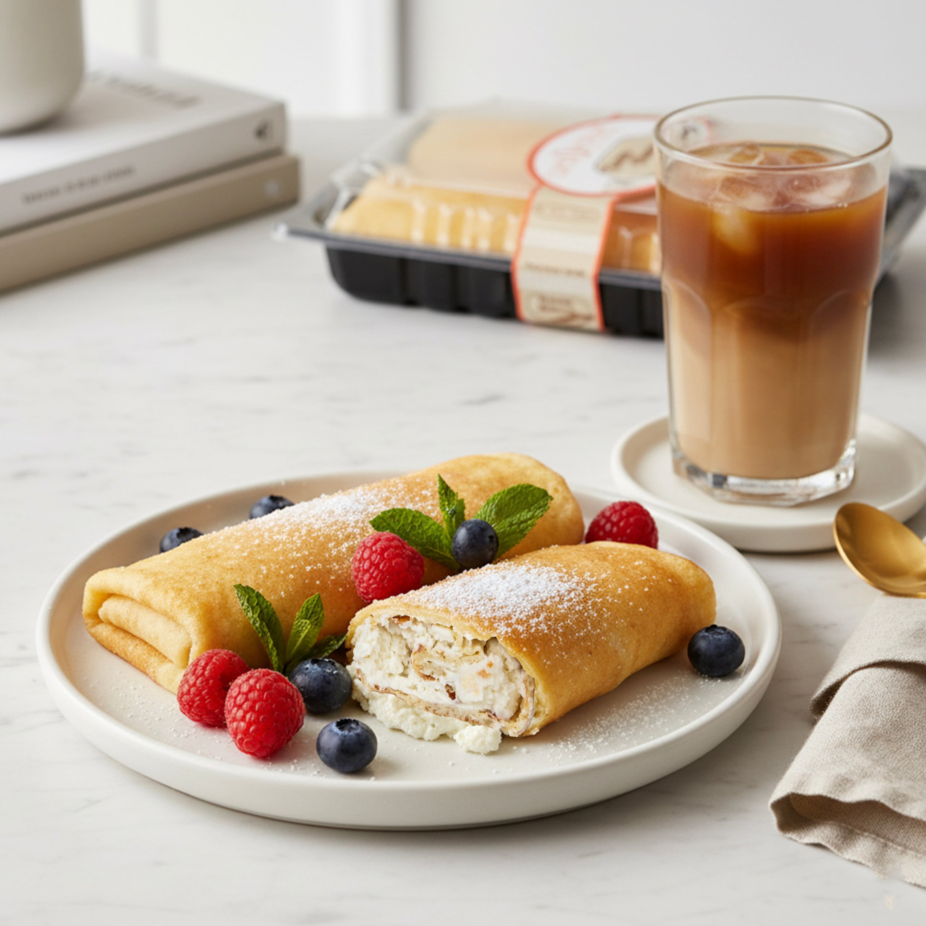Freshly plated low-carb cheese blintzes filled with creamy cheese, dusted with powdered sweetener and garnished with fresh raspberries, blueberries, and mint leaves, served alongside a glass of iced coffee. Keto-friendly breakfast or brunch presentation.