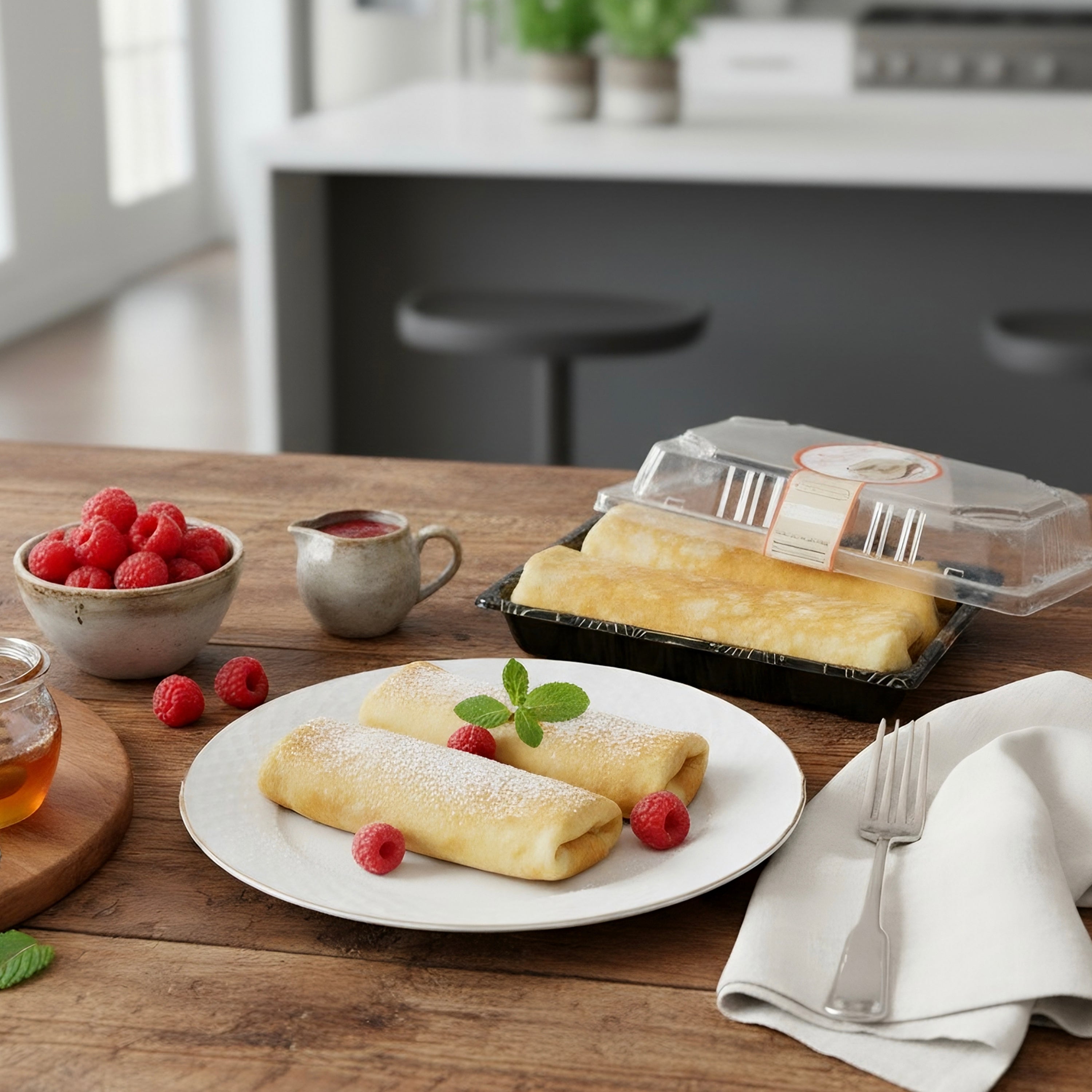 Two golden low-carb cheese blintzes on a white plate, lightly dusted with powdered sweetener and garnished with fresh raspberries and mint, with additional cheese blintzes in retail packaging on a rustic wooden table beside raspberries, honey, and berry sauce. Keto-friendly, sugar-free breakfast or brunch presentation in a bright kitchen setting.
