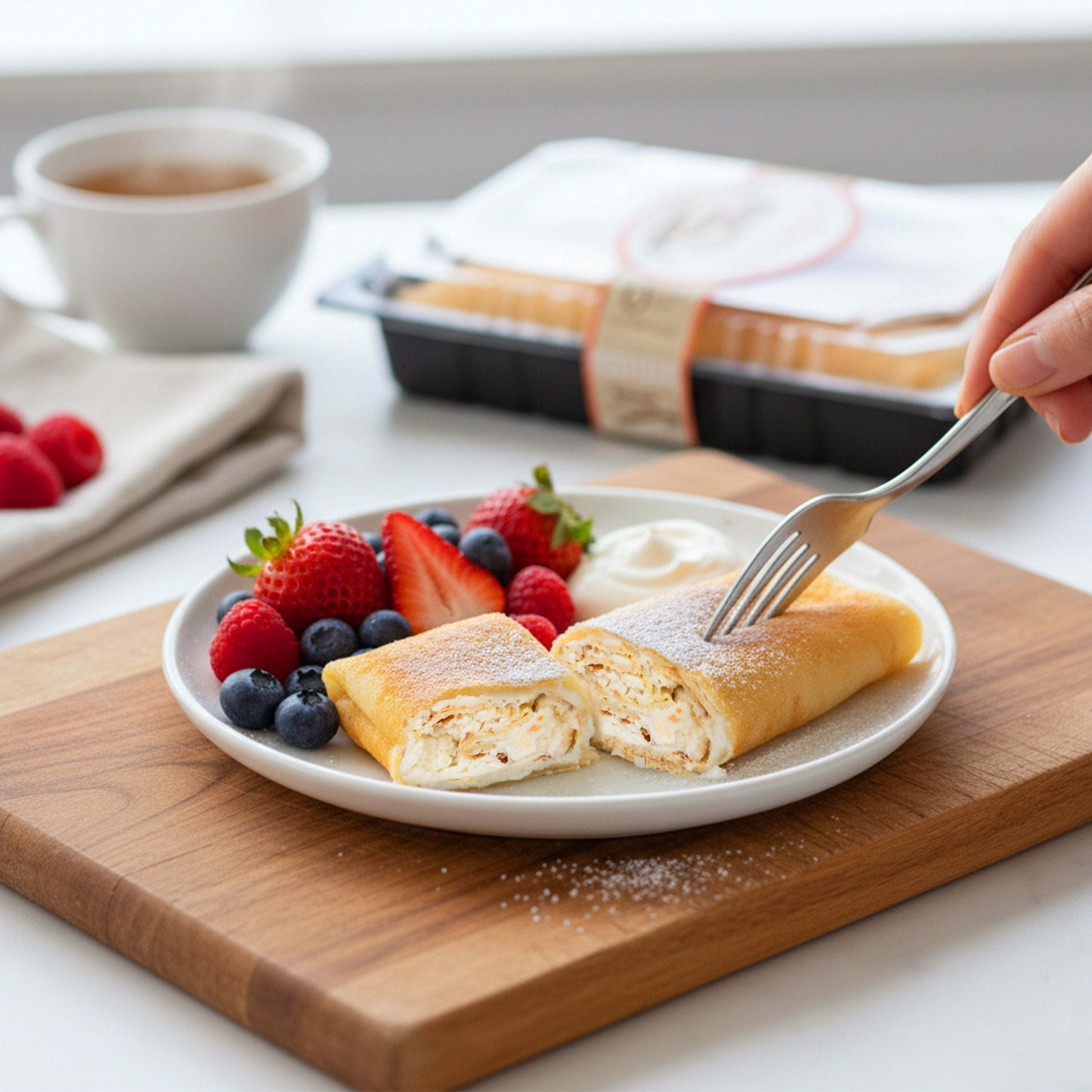 Freshly plated low-carb cheese blintzes filled with creamy cheese, lightly dusted with powdered sweetener and served with fresh strawberries, raspberries, blueberries, and a dollop of whipped topping. A fork cuts into the tender crepe while additional packaged blintzes and a cup of coffee create a warm breakfast setting. Keto-friendly, low-carb, sugar-free breakfast or brunch presentation.