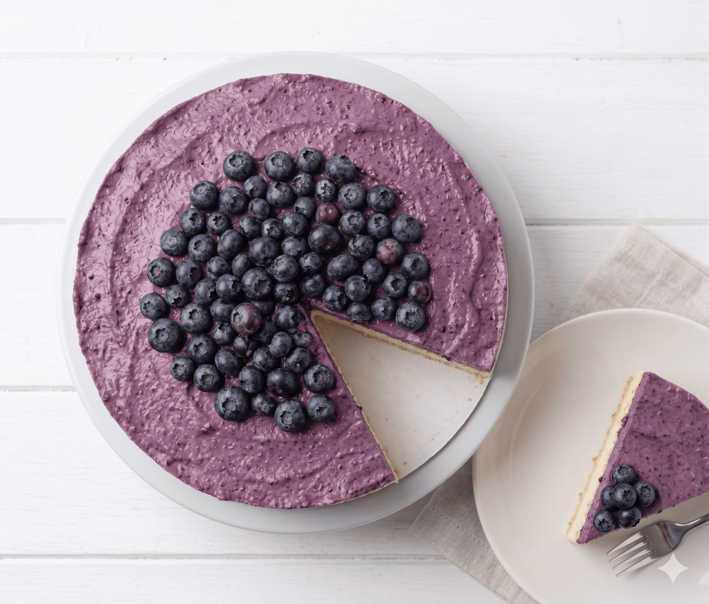 Blueberry cheesecake with a slice taken out on a white plate, placed on a white wooden surface.