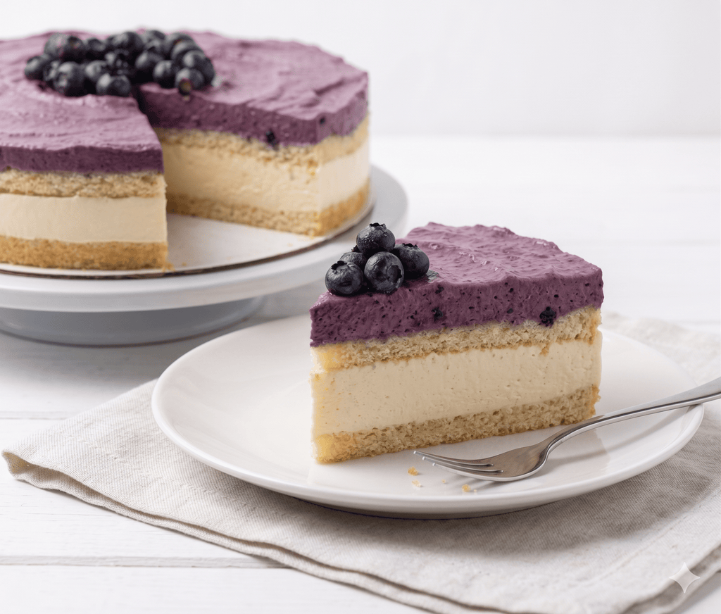 Slice of blueberry cheesecake on a plate with the rest of the cake in the background.