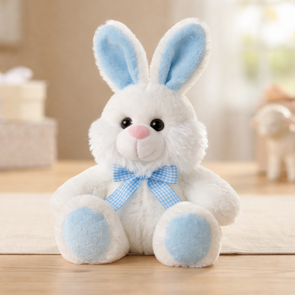 White plush bunny with blue ears and paws on a wooden surface