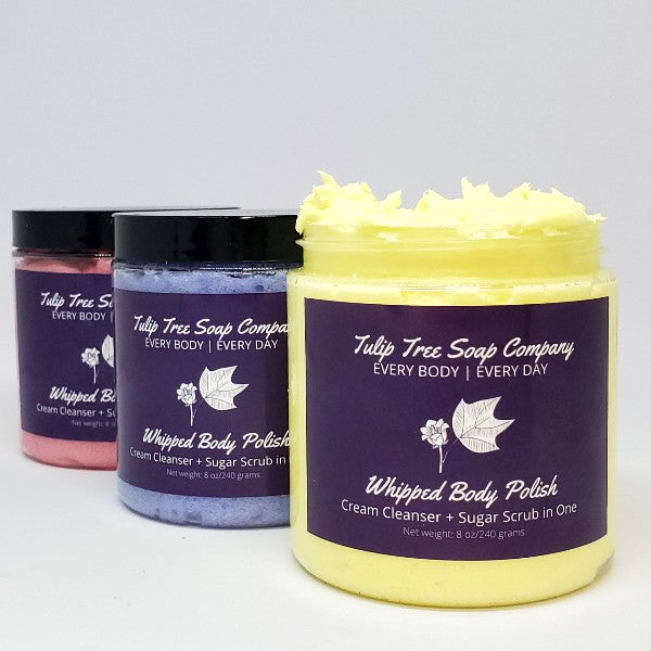Three jars of Tulip Tree Soap Company whipped body polish on a white background. Gentle, sulfate-free cleansers to feel clean and refreshed!
Sunflower oil to hydrate your skin without feeling greasy!
Cane sugar to gently slough away old skin and create a gorgeous glow!