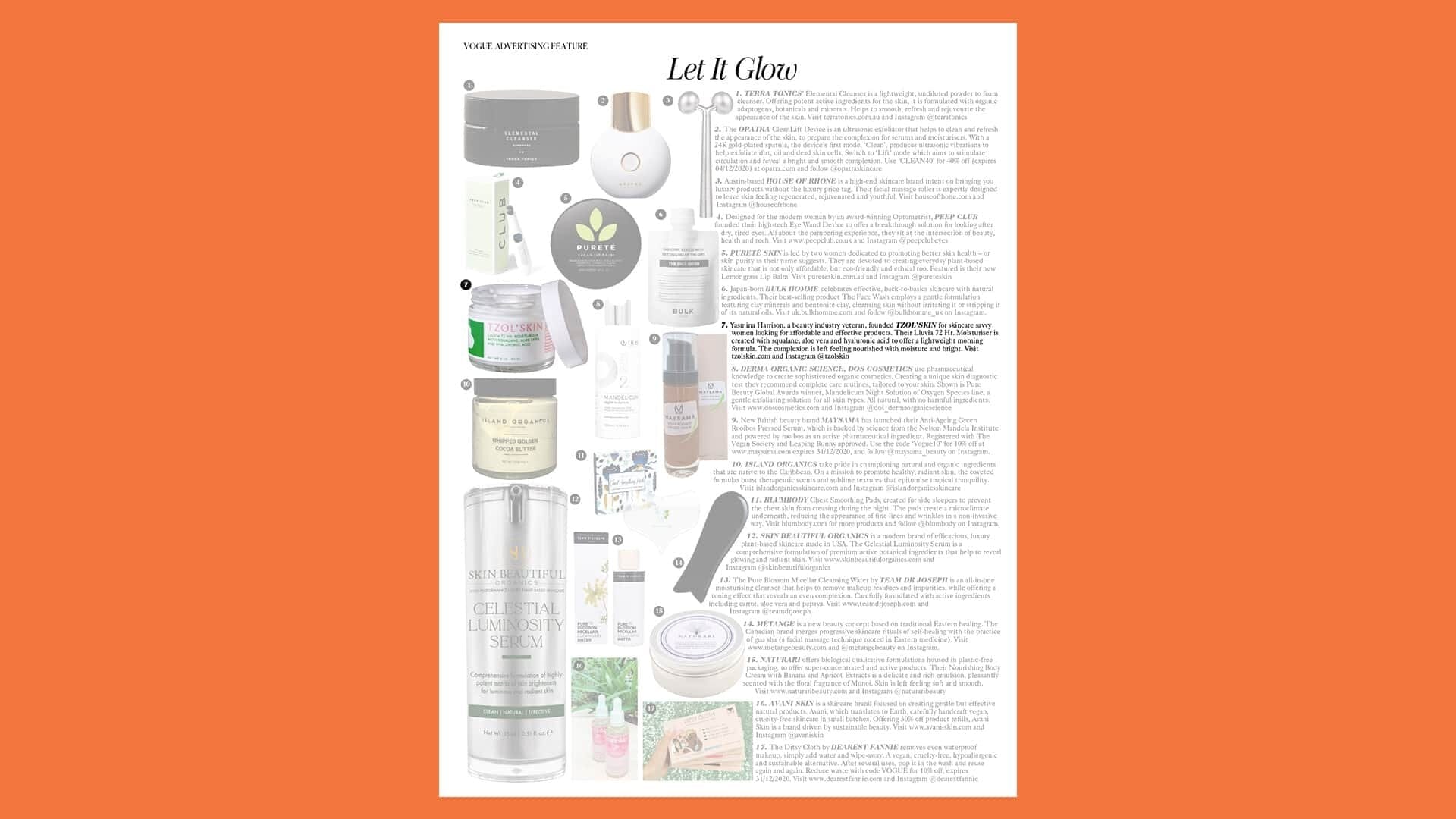 TZOL’SKIN Lluvia 72HR Moisturizer featured in British Vogue December 2020, hydrating face cream with squalane, aloe vera and hyaluronic acid for long-lasting moisture and dry skin care