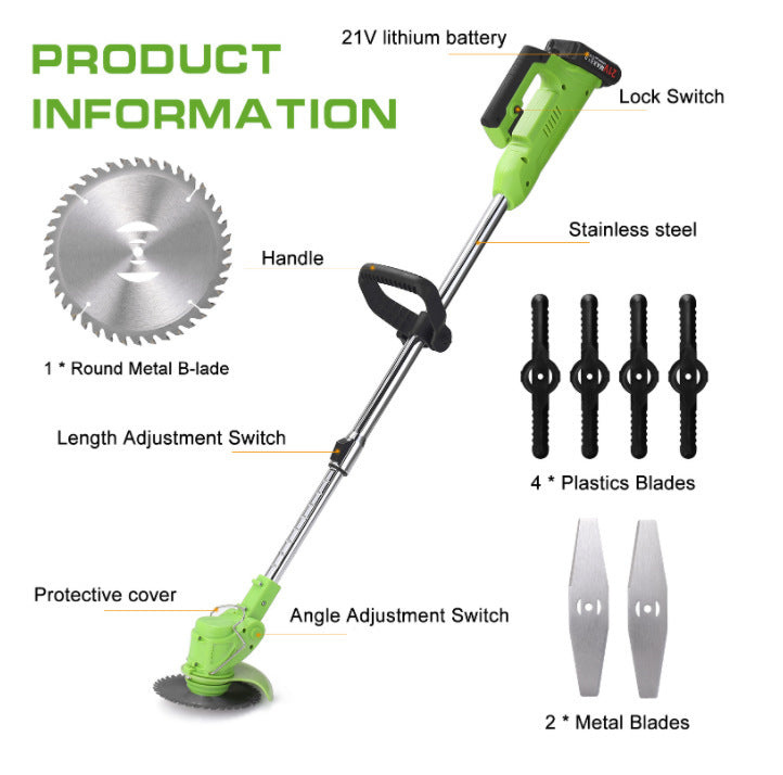 Cordless electric lawn mower garden tool with 21V lithium battery, adjustable telescopic stainless steel shaft, protective cover, ergonomic handle, lock switch, round metal saw blade, dual metal blades and four plastic cutting blades for grass trimming, weed cutting, lawn edging, brush clearing, landscaping and yard maintenance