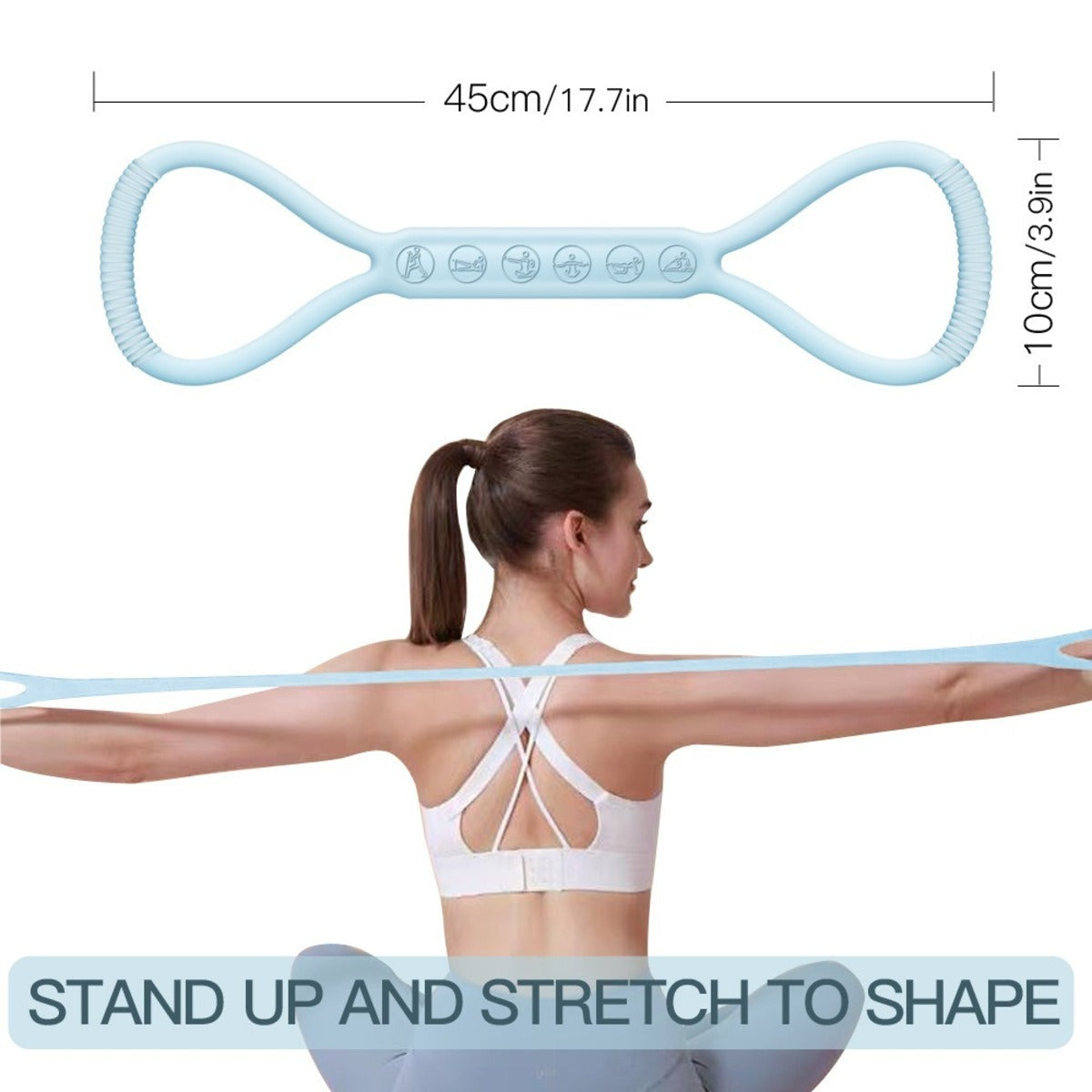 Fitness band with measurements and a woman stretching, promoting body shaping.