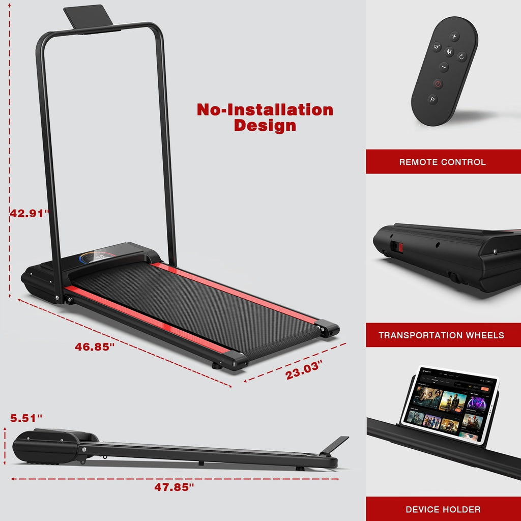 Portable treadmill with features highlighted on a gray background