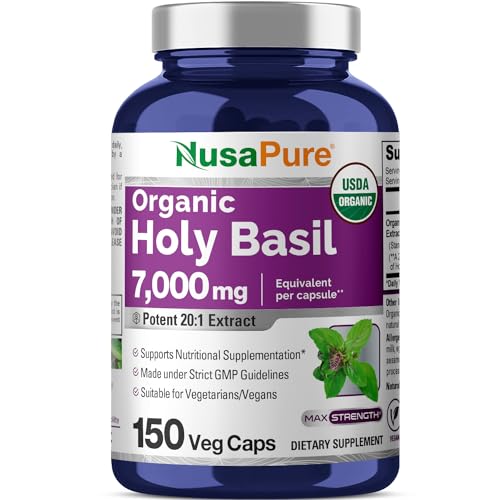 NusaPure USDA Organic Holy Basil Capsules 20:1 Extract, 350 mg 150 Vegan Caps Tulsi Holy Basil Leaf Extract 2.5% Ursolic Acid Non-GMO