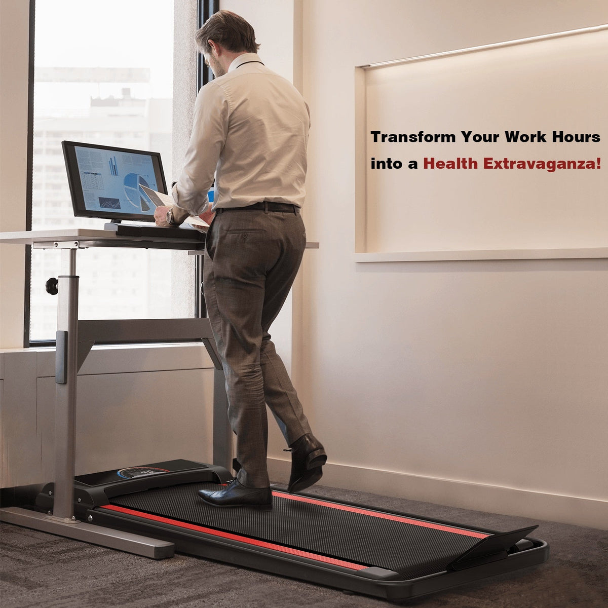 Man using a treadmill desk in an office setting with motivational text.
