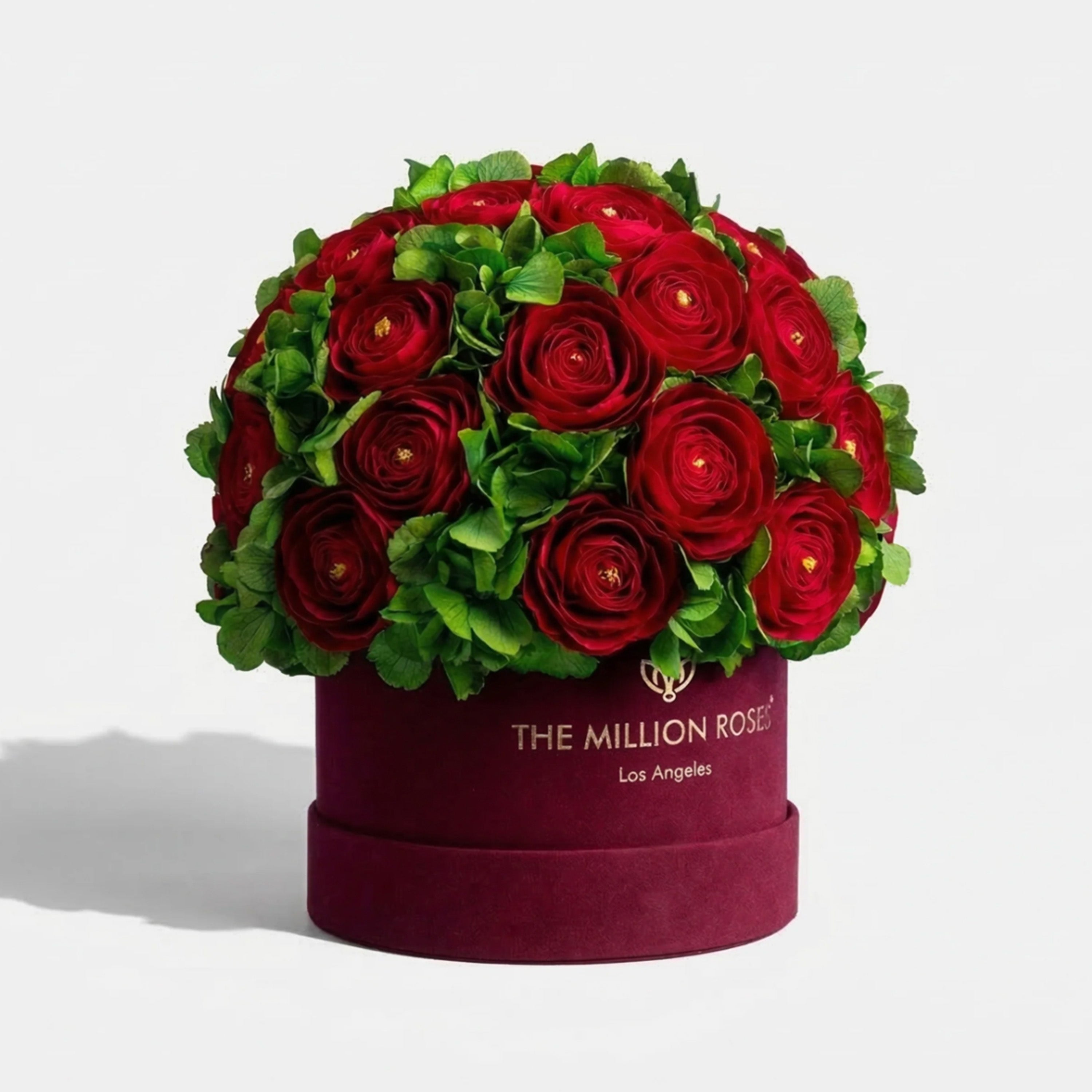 Classic Bordeaux Suede Box | Red Persian Buttercups & Green Hydrangeas
