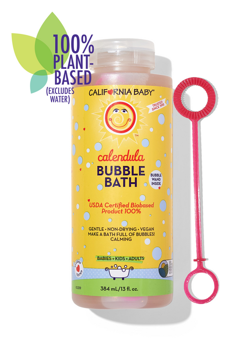 California Baby Calendula Bubble Bath bottle with a pink bubble wand on a white background - USDA Certified Biobased Product 100% Plant Based 