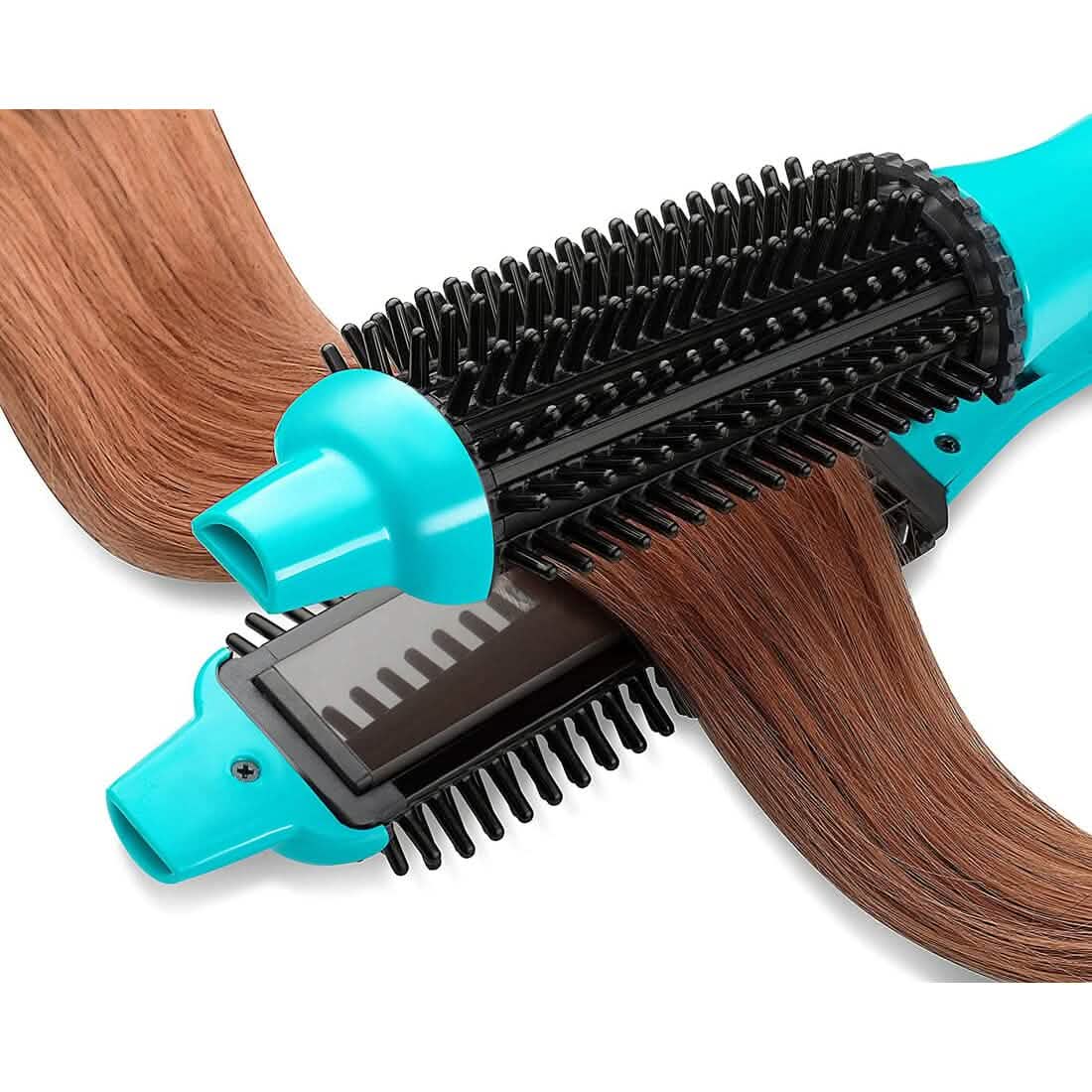 Turquoise hair styling tool with black bristle brush and comb on brown hair against a white background Calista 2-in-1 Heated Brush Iron Hair Styler