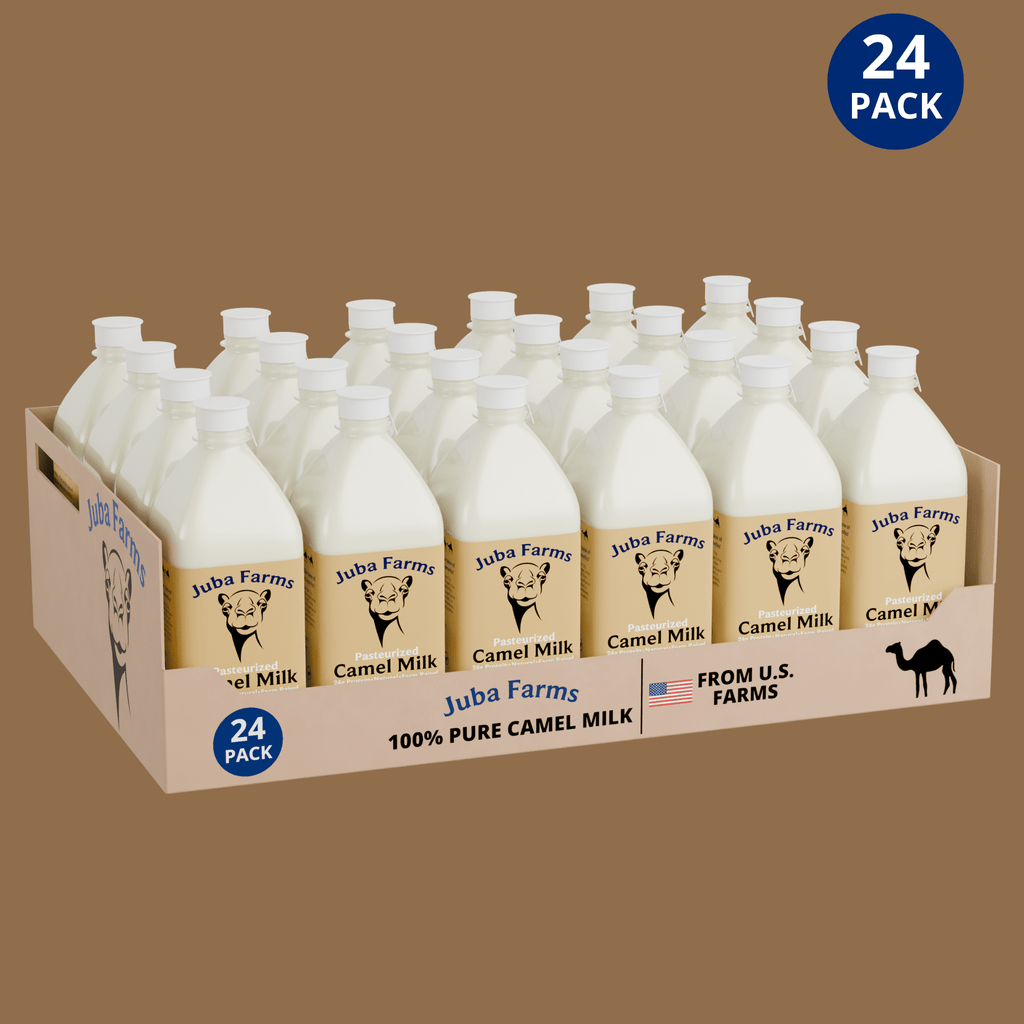 Twenty-four 1-liter bottles of Juba Farms 100% pure lightly pasteurized camel milk in a 24-pack display case, sourced from U.S. farms, refrigerated whole camel milk, high-protein dairy beverage.