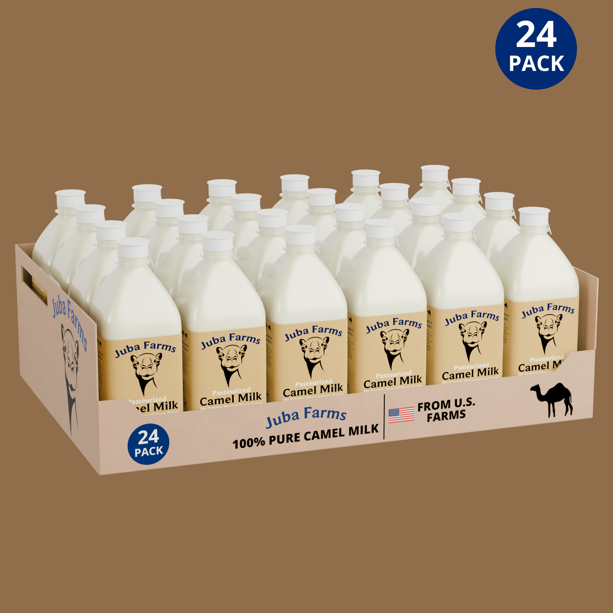 Twenty-four 1-liter bottles of Juba Farms 100% pure lightly pasteurized camel milk in a 24-pack display case, sourced from U.S. farms, refrigerated whole camel milk, high-protein dairy beverage.