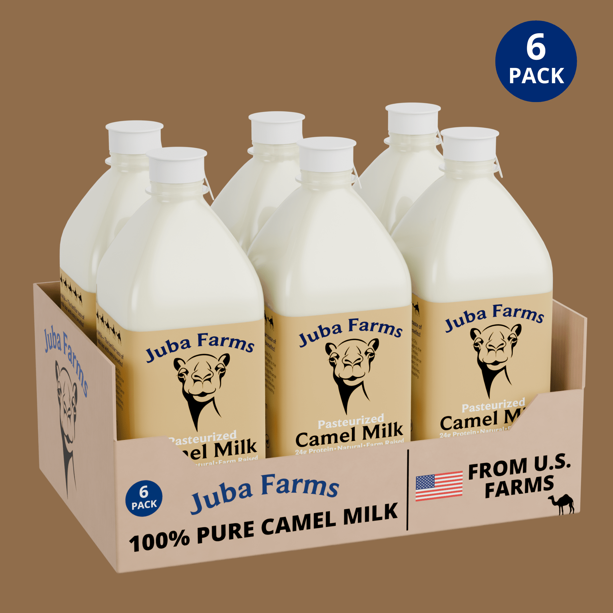 Six 1-liter bottles of Juba Farms 100% pure lightly pasteurized camel milk in a 6-pack display case, sourced from U.S. farms, refrigerated whole camel milk, high-protein dairy beverage.