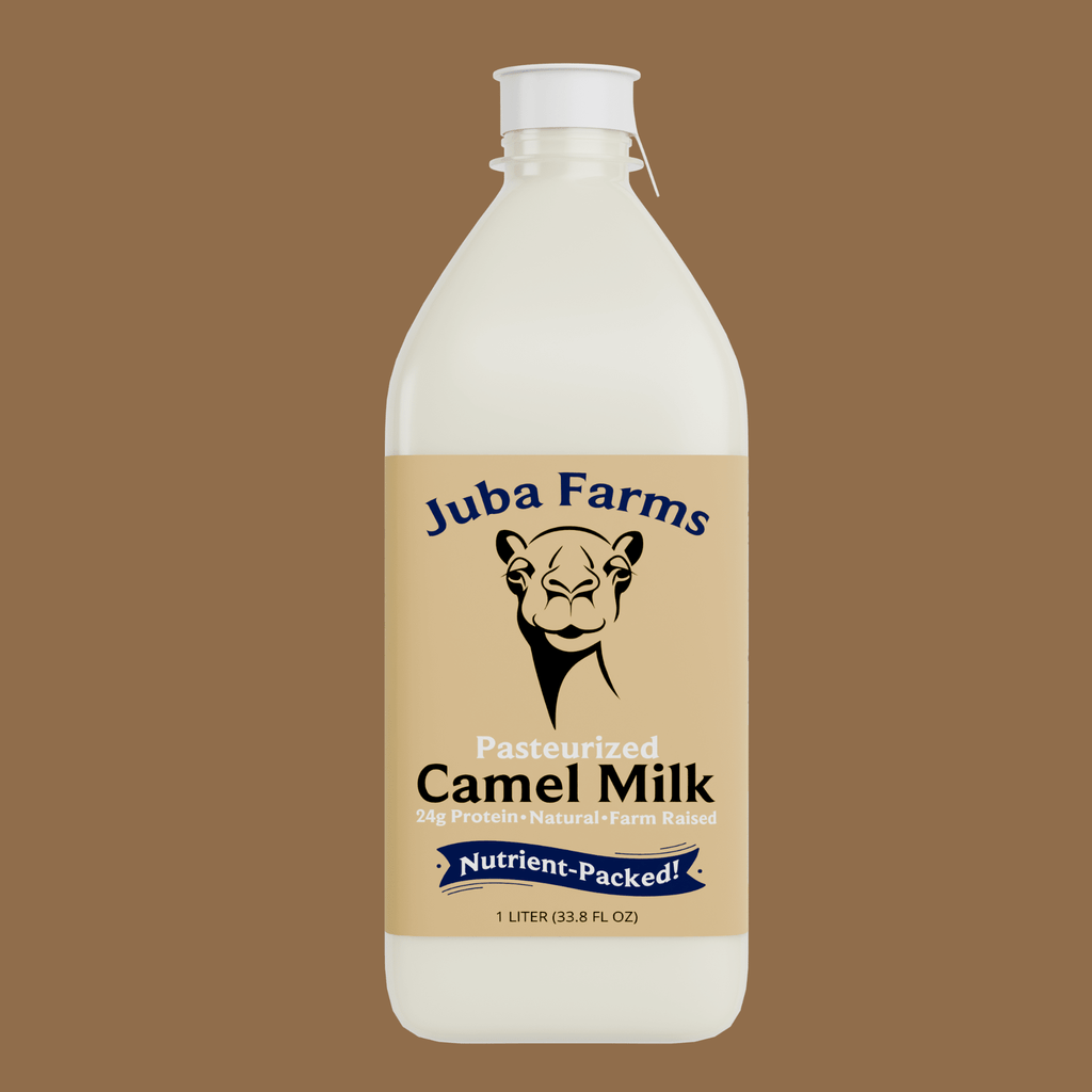 camel milk, pasteurized camel milk, Juba Farms, 1 liter camel milk, fresh camel milk, premium camel milk, whole camel milk, farm fresh milk, dairy beverages, natural dairy, high protein milk, 24g protein, nutrient packed, healthy beverages, gourmet dairy, exotic milk, camel dairy, calcium rich milk, vitamin rich milk, U.S. farm raised, American camel milk, refrigerated milk, clean label, gluten free, no preservatives, family size, bulk camel milk, 3 pack camel milk, 6 pack camel milk, 12 pack camel milk, 24