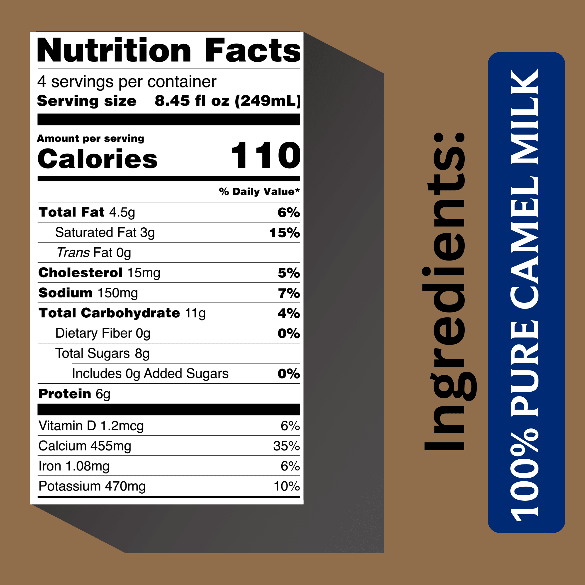 Nutrition Facts label for Juba Farms 100% Pure Camel Milk (1 Liter), showing serving size of 249 mL (8.45 fl oz), 110 calories per serving, 4.5 g fat, 6 g protein, 11 g carbohydrates, and key vitamins and minerals for refrigerated whole camel milk.