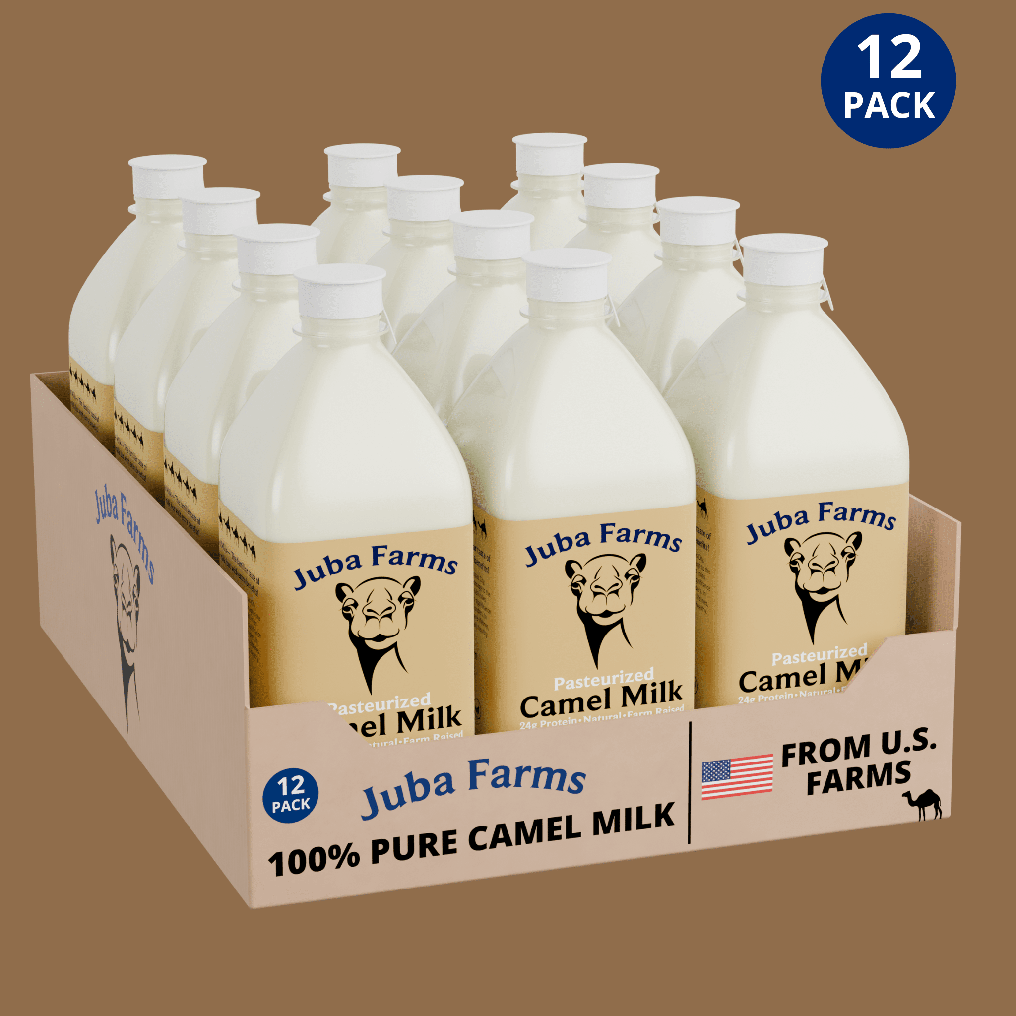 Twelve 1-liter bottles of Juba Farms 100% pure lightly pasteurized camel milk in a 12-pack display case, sourced from U.S. farms, refrigerated whole camel milk, high-protein dairy beverage.