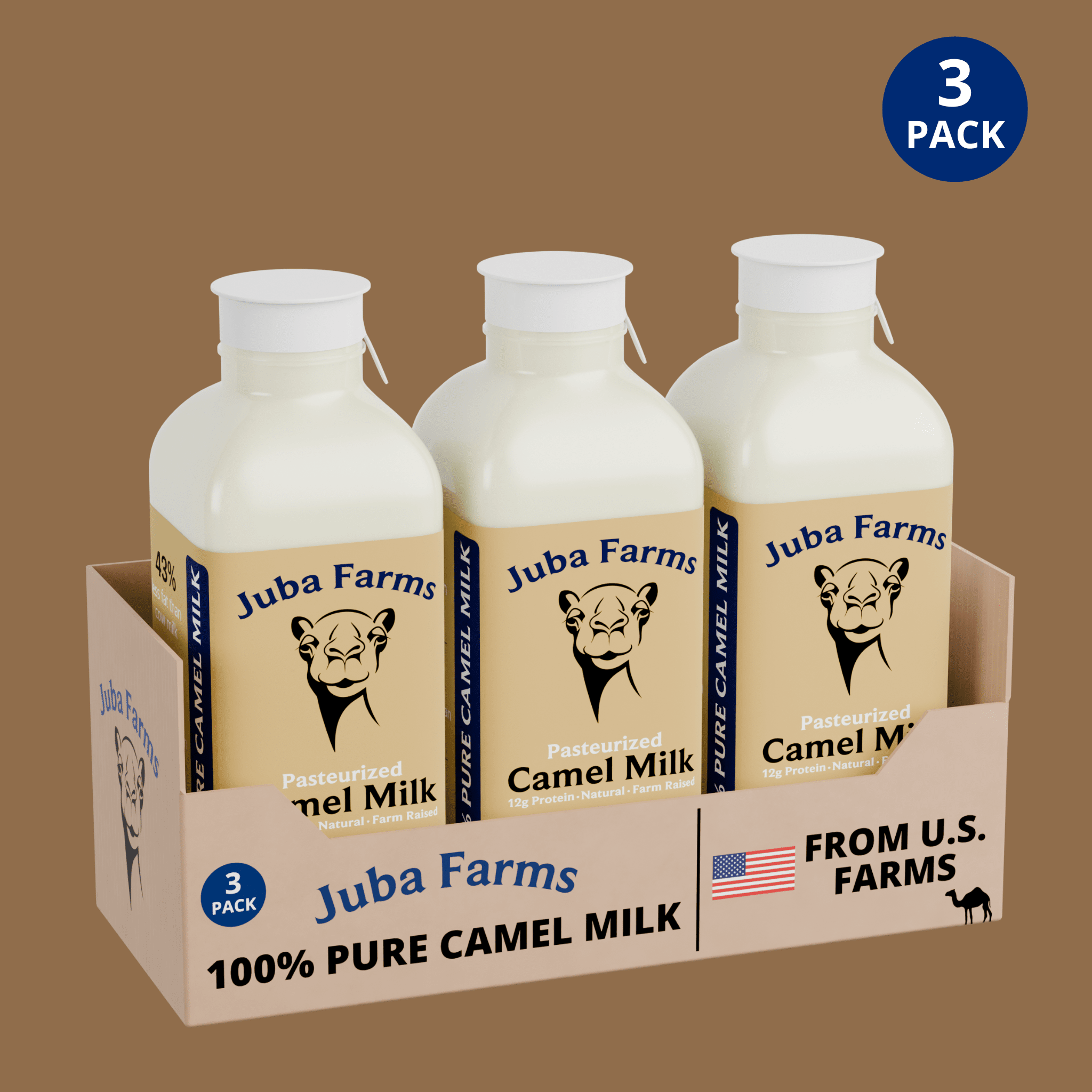 3-pack of Juba Farms 16 oz pasteurized pure camel milk bottles in a retail display carton, labeled 100% pure camel milk from U.S. farms.